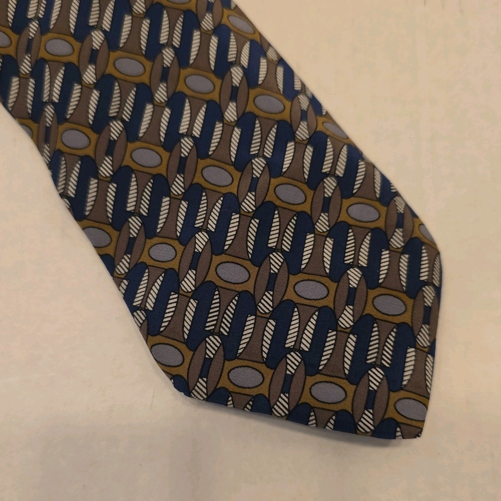 Vintage Austin Grey Abstract Geometric Silk Tie- Navy Grey Brown